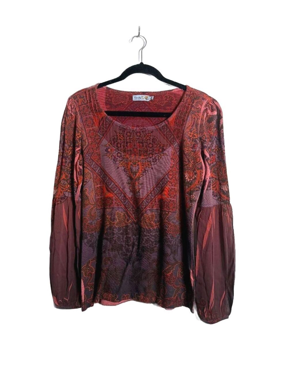 Bohemian Pink Abstract Long Sleeve Sheer Puff Sleeve Top Medium